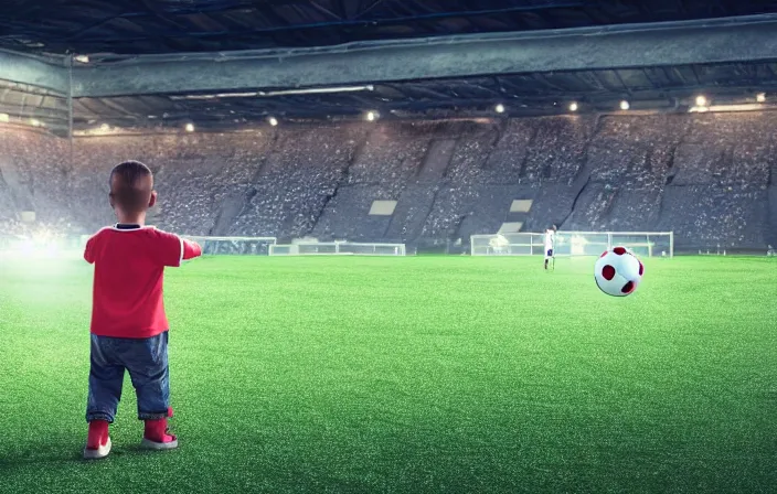 Image similar to a little boy with a soccer ball under his arm as seen from the back stands next to a soccer field and looks hopefully at a full soccer stadium and hopes he can join the first team, diffuse light, octane render