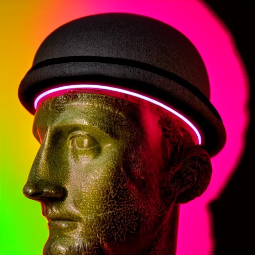 Image similar to a neon circle as a hat on a renaissance statue head, black background, ray tracing, 8 k resolution, sharp focus, hyper detailed, hyper realistic