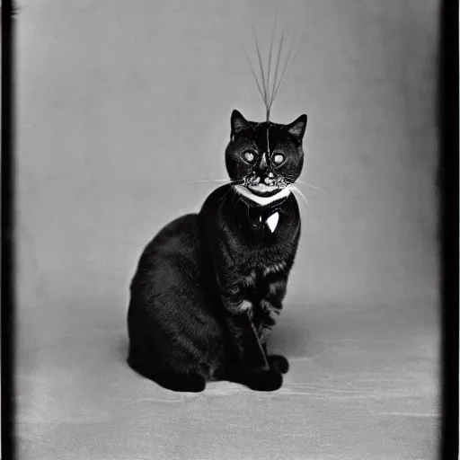 Image similar to A cat dressed as Otto von Bismarck, black and white photo, f 1.8, film grain