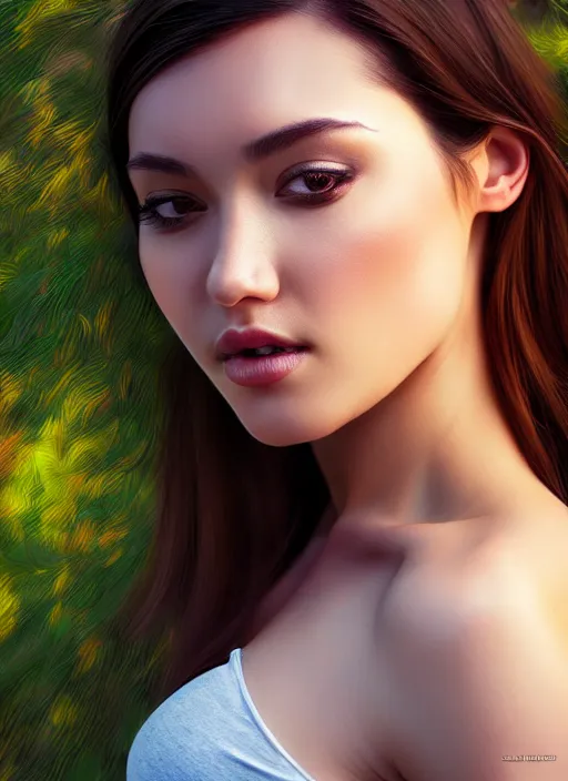 Image similar to photo of a gorgeous female in the style of stefan kostic, realistic, half body shot, sharp focus, 8 k high definition, insanely detailed, intricate, elegant, art by stanley lau and artgerm, extreme bokeh foliage