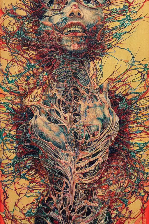 Image similar to realistic detailed image of a Body ripping apart, Conjuring Psychedelic by Shintaro Kago, Neo-Gothic, gothic, rich deep colors. Beksinski painting, part by Adrian Ghenie and Gerhard Richter. art by Takato Yamamoto. masterpiece