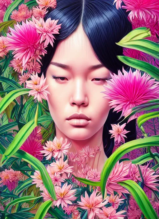 Image similar to gigantic girl head, a lot of exotic vegetation, trees, flowers by junji ito, tristan eaton, victo ngai, artgerm, rhads, ross draws, hyperrealism, intricate detailed