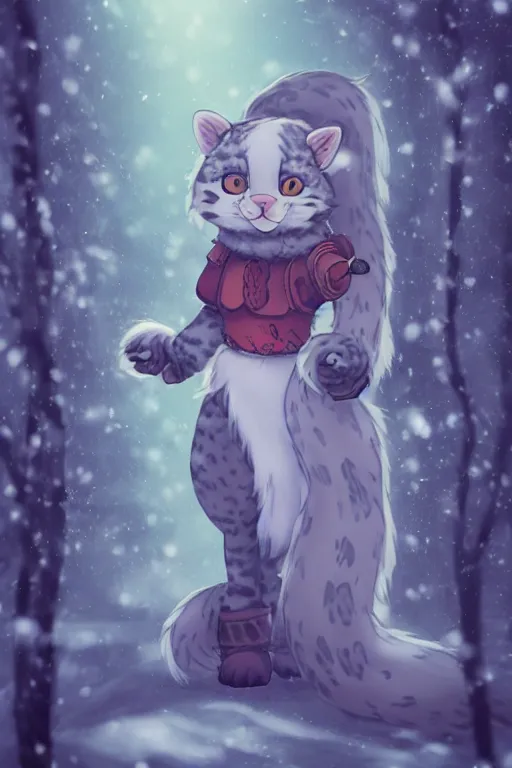Image similar to a pretty medieval anthropomorphic snow leopard with a fluffy tail in the forest, comic art, trending on furaffinity, cartoon, kawaii, backlighting, furry art!!!, radiant light, bokeh, trending on artstation, digital art