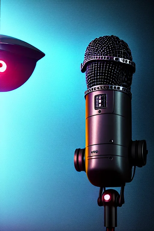 Image similar to high quality 3 d render shure 5 5 s microphone & very cute cyborg crow!, cyberpunk highly detailed, unreal engine cinematic smooth, in the style of blade runner & detective pikachu, hannah yata charlie immer, moody light, low angle, uhd 8 k, sharp focus