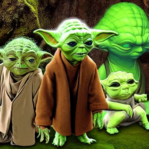 Image similar to Yoda surrounded by other members of his species