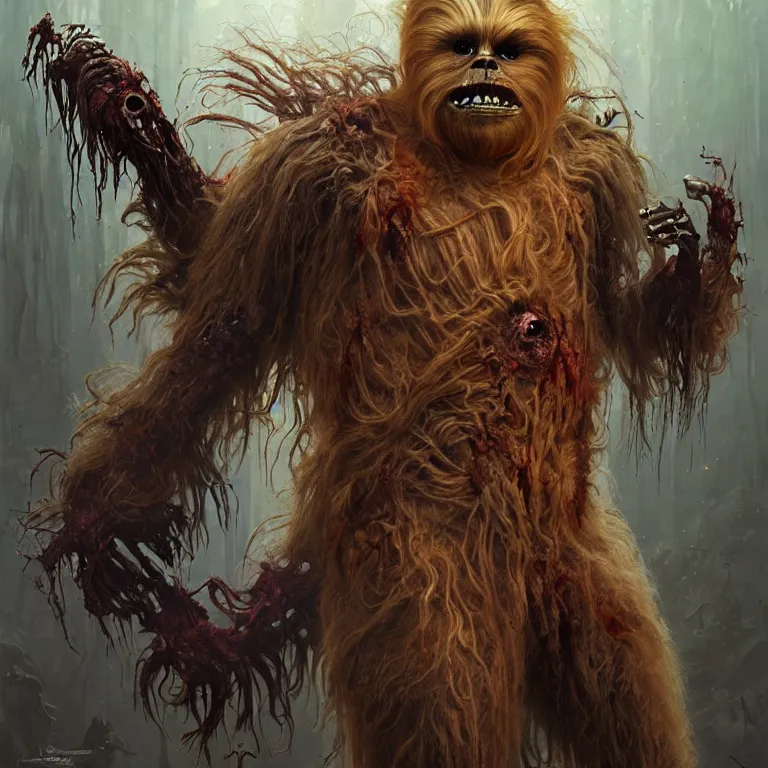 Prompt: scary horrific zombie chewbacca and rotting wookies, dark star wars fantasy, body horror, sores and scars, undead. highly detailed, biopunk, digital painting, by greg rutkowski, artgerm, giger and alphonse mucha