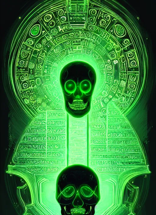 Image similar to portrait of a cyber skeleton, writing ancient runes with glowing green ink in a grand tome, intricate, elegant, glowing lights, highly detailed, digital painting, artstation, concept art, smooth, sharp focus, illustration, art by wlop, mars ravelo and greg rutkowski