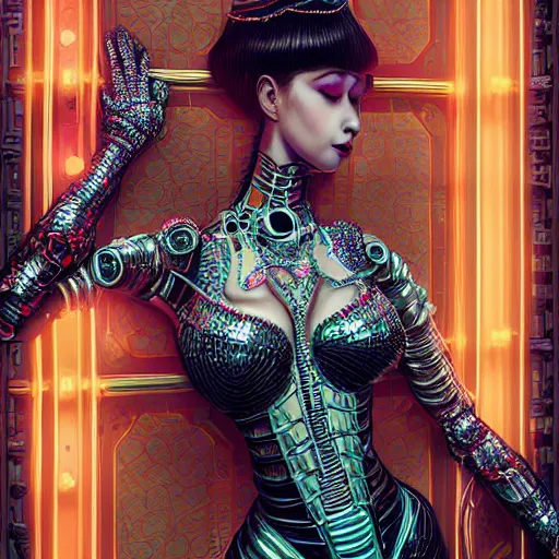 Image similar to the portrait of an absurdly graceful, sophisticated, fashionable ottomanpunk robotess idol, an ultrafine hyperdetailed illustration by kim jisu, intricate linework, neon wiring, porcelain skin, unreal engine 5 highly rendered, global illumination, radiant light, detailed and intricate environment, by rutkowski, artgerm, marvel comics