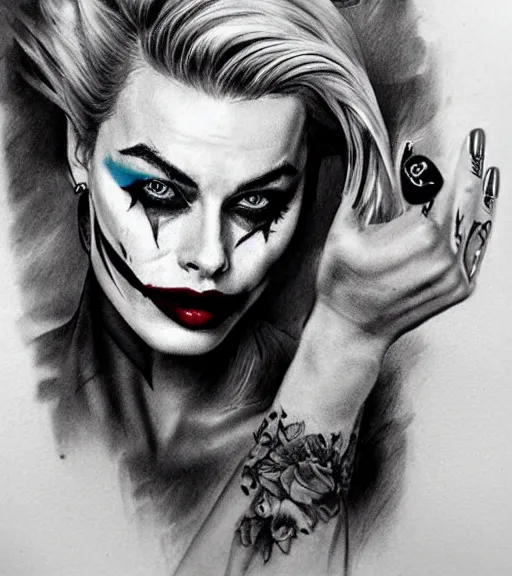 Prompt: tattoo design sketch of beautiful margot robbie portrait with joker makeup, in the style of den yakovlev, realistic face, black and white, realism tattoo, hyper realistic, highly detailed, faded drawing
