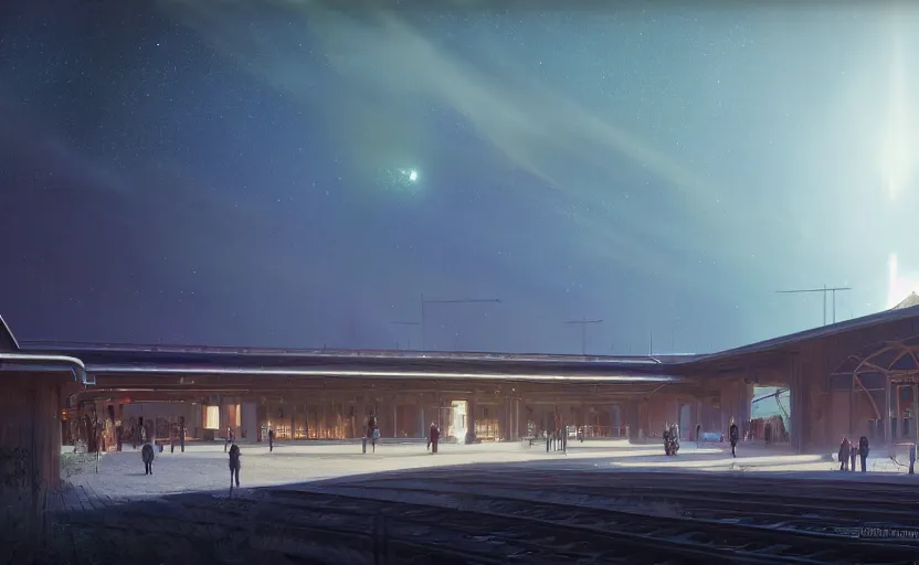 Prompt: exterior shot of utopian train station on in the middle of galaxy with cinematic lighting by peter zumthor and renzo piano, darek zabrocki and greg ruthkowski, simon stalenhag, cinematic, holy place, paradise, scifi, futurism, atmospheric, concept art, artstation, trending on artstation