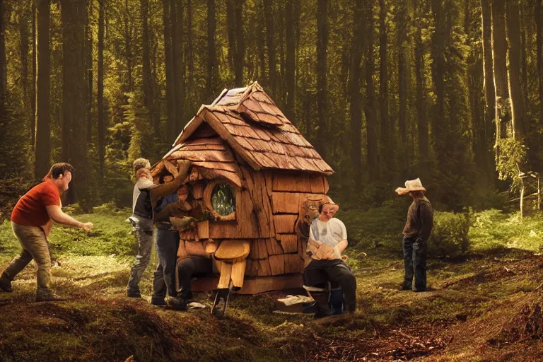 Prompt: movie scene portrait closeup, real life team of chubby elves gnome people building a tiny house in the forest natural lighting by emmanuel lubezki