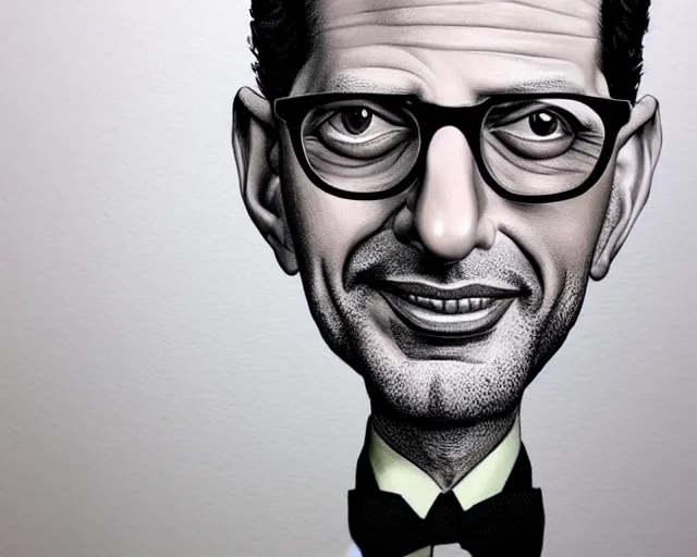 Image similar to a caricature art portrait of jeff goldblum, in the style of sebastian kruger, high def, detailed, art, fine art, sharp focus, highly detailed