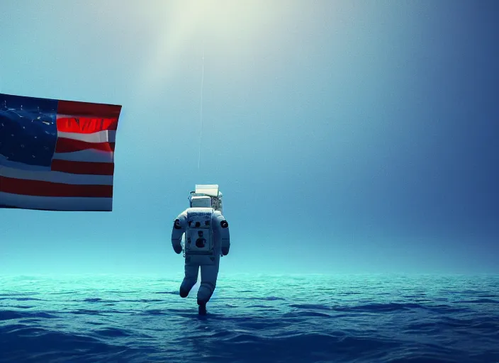 Image similar to astronaut underwater putting a flag on the bottom of the ocean. in the background, a submarine is visible. digital art, blender, photorealistic, octane render, 8 k, volumetric lighting, trending on artstation