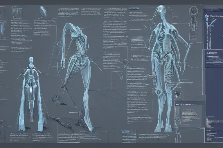 Prompt: Blueprint of alien queen, book, page, biology, sectioned, detailed, artstation, cgsociety, Ralph McQuarrie and Greg Rutkowski