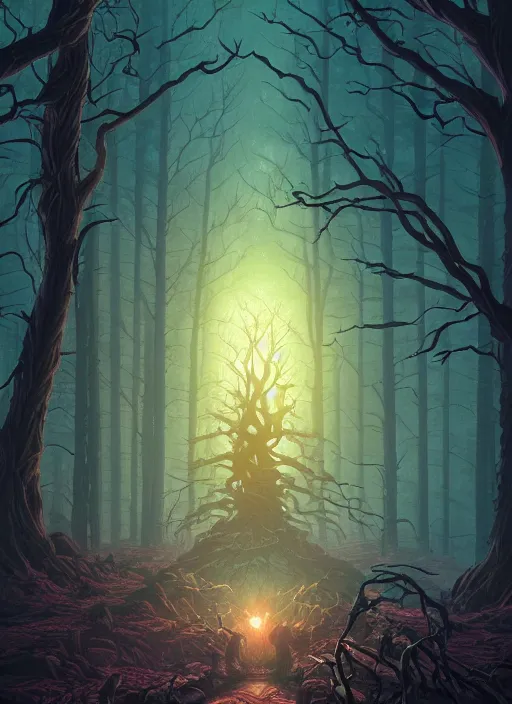 Prompt: evil tree in a dark forest by dan mumford, yusuke murata, makoto shinkai, ross tran, cosmic, intricate detail, cinematic, 8 k, cel shaded, unreal engine, featured on artstation, pixiv