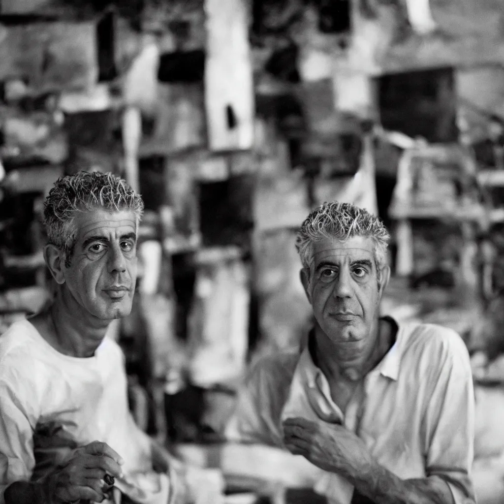 Prompt: studio portrait photo of Anthony Bourdain by Steve Mccurry, 50mm, pentax, film