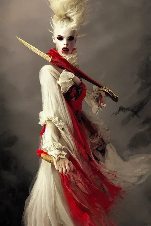 Image similar to a vampire with long light white hair and a red scarf, windy, ribbons, melancholic, modern maximalist harlequin fashion dress, is ( ( holding a golden sword ) ). light dust, magnificent, hyperdetailed, theatrical, painted by jean honore fragonard and greg rutkowski