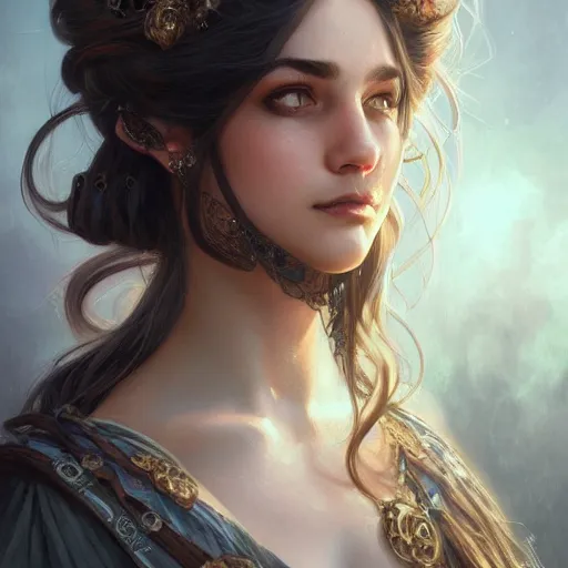 Prompt: close up portrait of a woman with her face covered by hair, D&D, fantasy, intricate, elegant, highly detailed, digital painting, artstation, concept art, matte, sharp focus, illustration, hearthstone, art by Artgerm and Greg Rutkowski and Alphonse Mucha