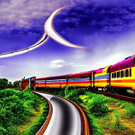 Image similar to A digital art of an Indian train flying through the sky with magical jet turbines, but as a photograph