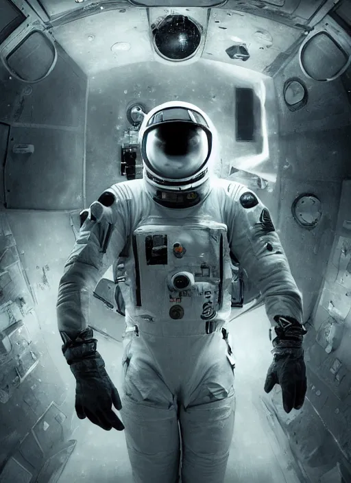 Prompt: complex poster by craig mullins astronauts taking selfie in futuristic dark and empty spaceship underwater selfie! infrared glowing lights. complex and hyperdetailed technical suit. reflection and dispersion materials. rays and dispersion of light. volumetric light. 5 0 mm, f / 3 2. noise film photo. flash photography. unreal engine 4, octane render. interstellar movie art