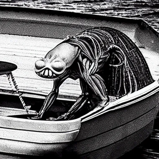 Image similar to an alien crawling on a boat. in the style of junji ito. photograph from horror film.