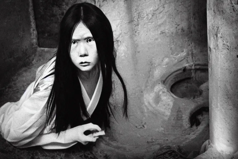Prompt: vintage photo of a woman with long black hair wearing long white clothes crawling out of a well, eerie, japanese horror, highly detailed shot, dramatic 8 k uhd