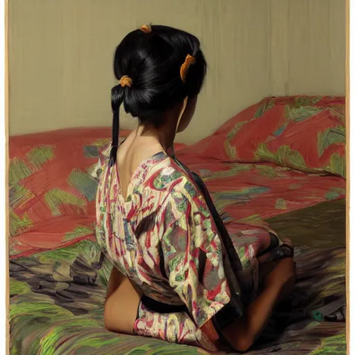 Image similar to girl with pigtails, in african print kimono, backview, bare back, sitting on edge of bed, by jeremy lipking, tim rees, joseph todorovitch