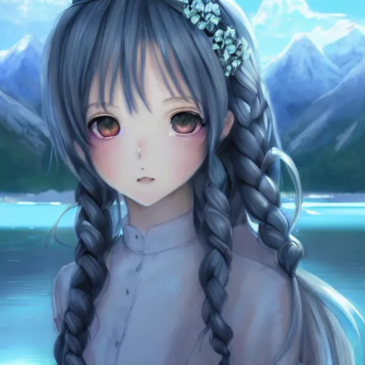 Prompt: a very beautiful anime girl portrait, full body, long braided curly silver hair, sky blue eyes, full round face, short smile, casual clothes, ice snowy lake setting, cinematic lightning, medium shot, mid-shot, highly detailed, trending on Artstation, Unreal Engine 4k, cinematic wallpaper by Stanley Artgerm Lau, WLOP, Rossdraws, James Jean, Andrei Riabovitchev, Marc Simonetti, and Sakimichan
