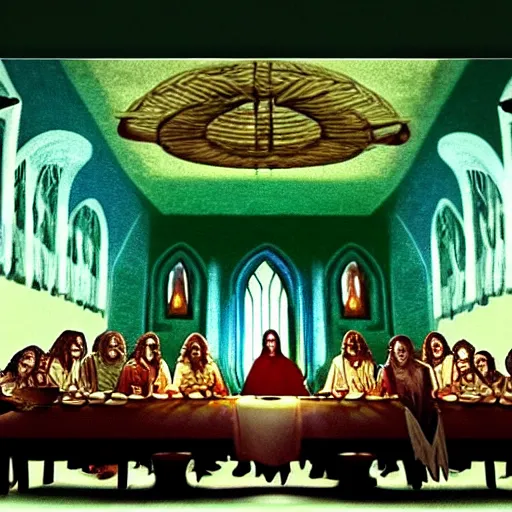 Prompt: the fellowship of the ring, in the style of the last supper