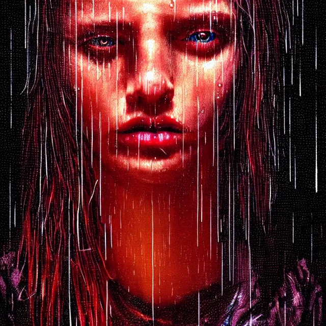 Image similar to bright portrait LSD glowing backlit rain on face and wet hair, cyberpunk, overhead lighting, fantasy, intricate, elegant, dramatic lighting, highly detailed, lifelike, photorealistic, digital painting, artstation, illustration, concept art, smooth, sharp focus, art by John Collier and Albert Aublet and Krenz Cushart and Artem Demura and Alphonse Mucha