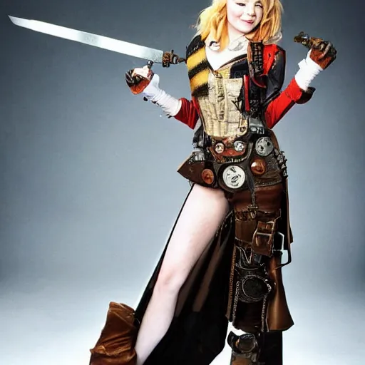 Image similar to full shot photo of emma stone as a steampunk warrior