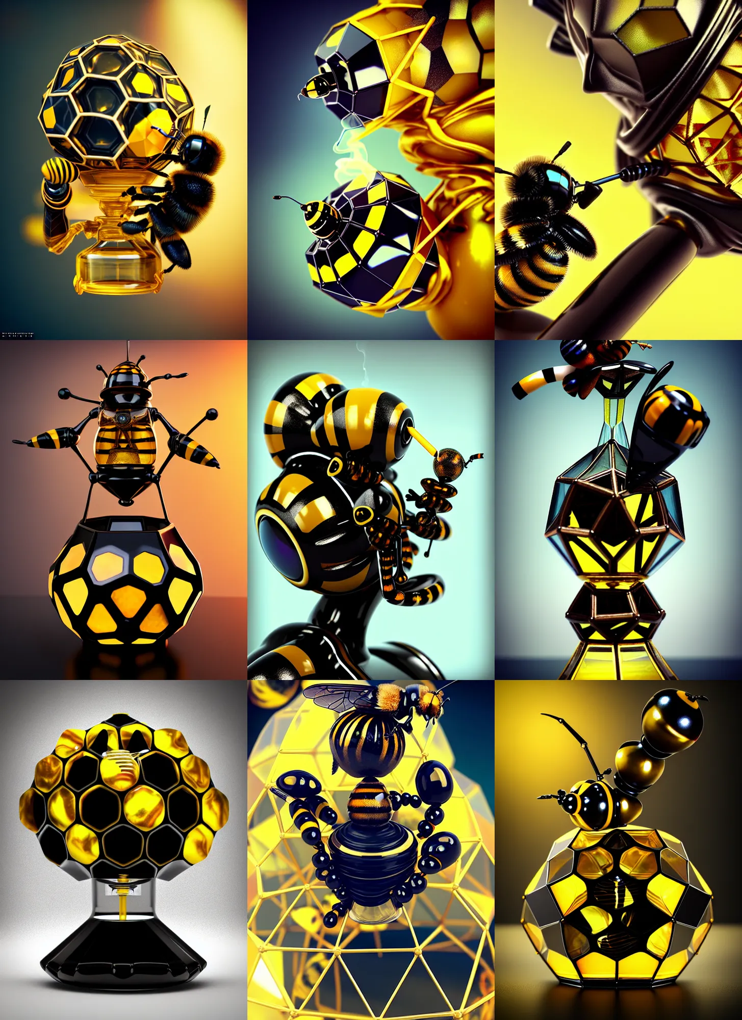 Prompt: pearl obsidian bumblebee edm cyborg smoking geodesic honey bong | ornate | glamorous oily soft polished rich enticing ornate modern | weta disney pixar movie still photo | hi - fructose, sci fi fantasy, golden ratio details, smooth, octane render, sharp focus, artstation, concept art | beeple, feng zhu, mucha, rutkowski |