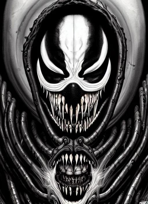 Image similar to a dream portrait of venom as god of the death, black & white, melting, webbing, 8 k, by tristan eaton, stanley artgerm, tom bagshaw, greg rutkowski, carne griffiths, ayami kojima, beksinski, giger, trending on deviantart, face enhance, hyper detailed, minimalist, horror, alien