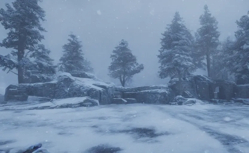 Image similar to winterfell in the snowstorm, doomy, Unreal Engine, cinematic photography, highly-detailed, games of thrones, HBO, high resolution, 8k, photorealistic, stunning volumetric lighting