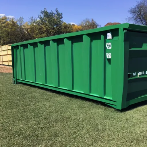 Image similar to gigantic 3 0 foot long rectangular green contractor dumpster side view, wide shot