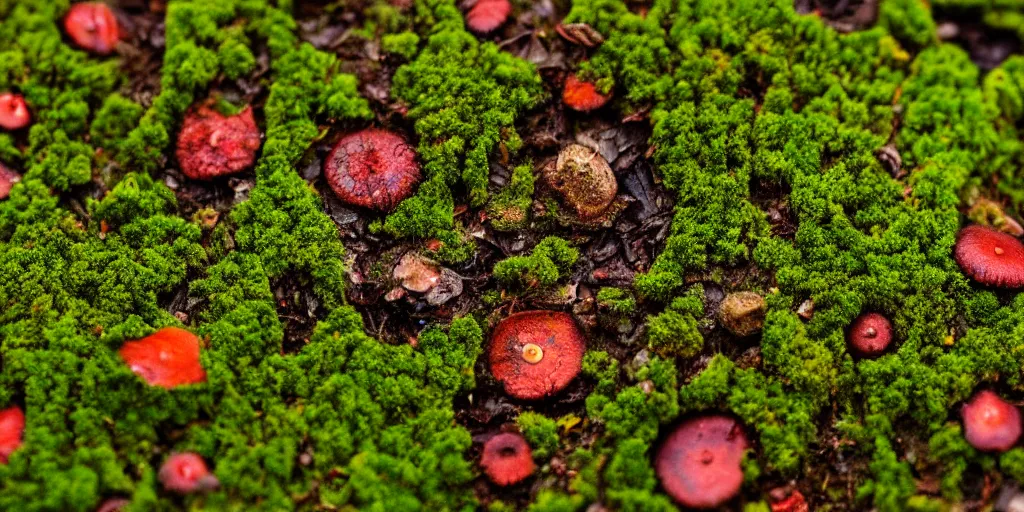 Image similar to extraterrestrial moss with some tiny red mushrooms, fog, dew, realistic, highly detailed, macro photography, trending on artstation