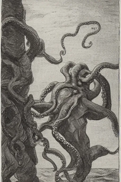 Prompt: a concpet of a giant octopus walking on terrain, some wood buildings on his body, by Even Amundsen, pencil