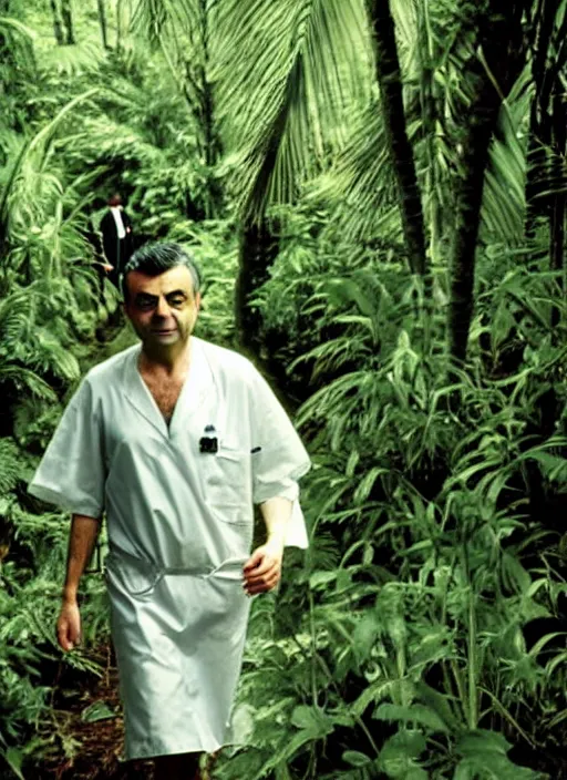 Image similar to award - winning national geographic telephoto photograph of rowan atkinson wandering through the jungle in a hospital gown. rowan appears visibly confused and lost