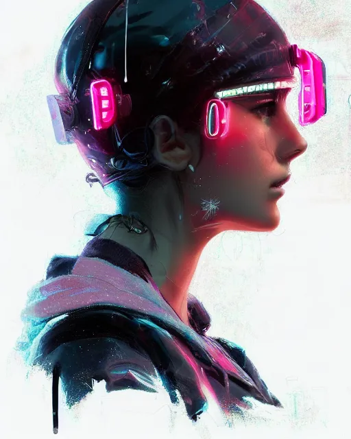 Image similar to detailed side profile portrait Neon Operator Girl, cyberpunk futuristic neon, reflective puffy coat, decorated with traditional Japanese ornaments by Ismail inceoglu dragan bibin hans thoma greg rutkowski Alexandros Pyromallis Nekro Rene Maritte Illustrated, Perfect face, fine details, realistic shaded, fine-face, pretty face