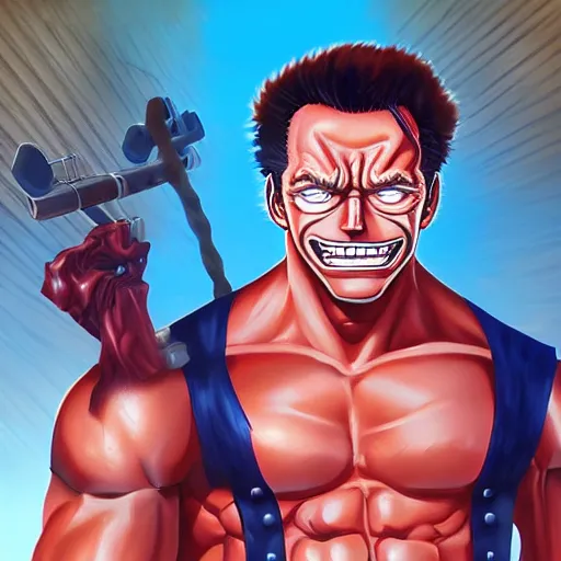 Image similar to Portrait of Schwarzenegger as a character of One Piece, mattepainting concept Blizzard pixar maya engine on stylized background splash comics global illumination lighting artstation lois van baarle, ilya kuvshinov, rossdraws