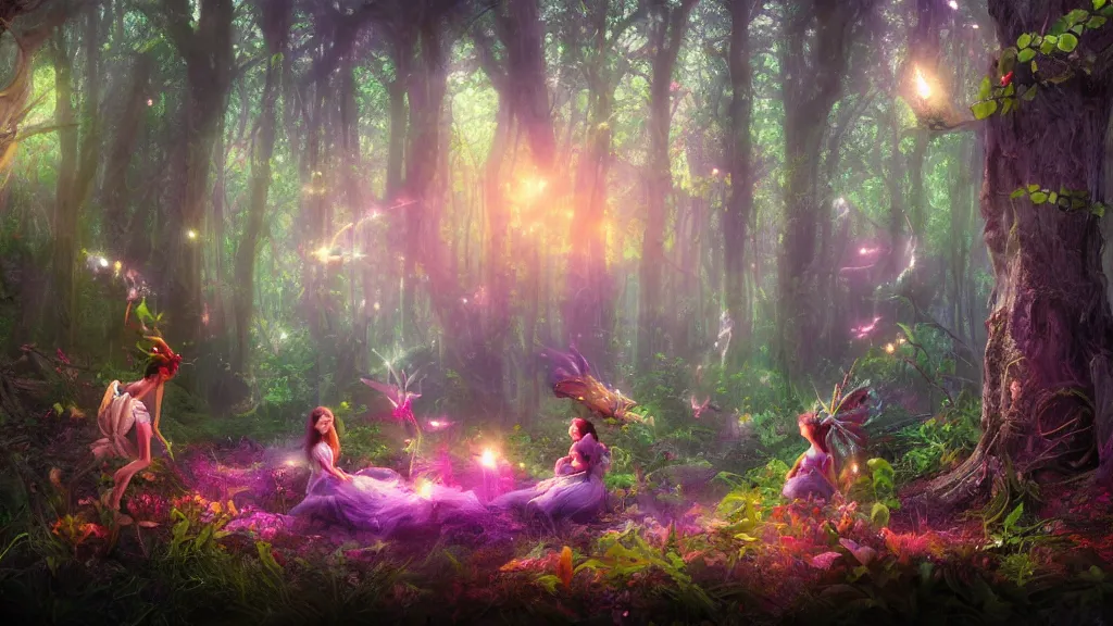 Prompt: fairies in a mystical magic forest, cinematic scene, studio lighting, colorful, candy, fantasy, fireflies, matte painting, concept art, medium shot, trending on artstation,