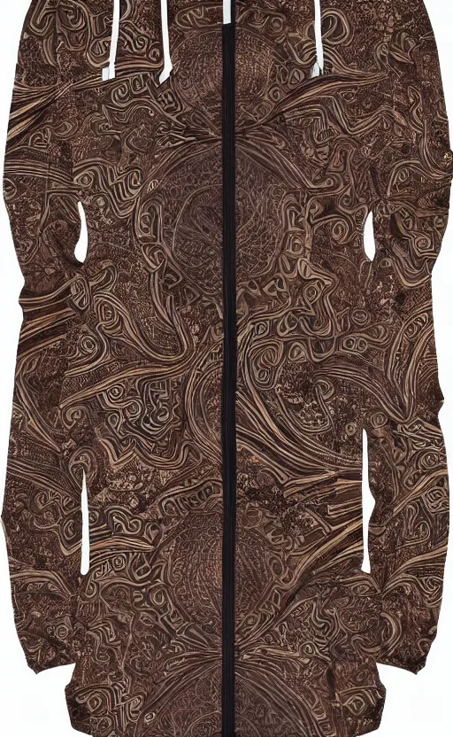 Image similar to batik hoodie pattern, dark brown, trendsetter, fashion of the year, fiction, stability, intricate, elegant, 8 k, uhd, justify, artstation, concept art, matte, sharp focus, illustration, consistent, highly detailed object content, proportional object content