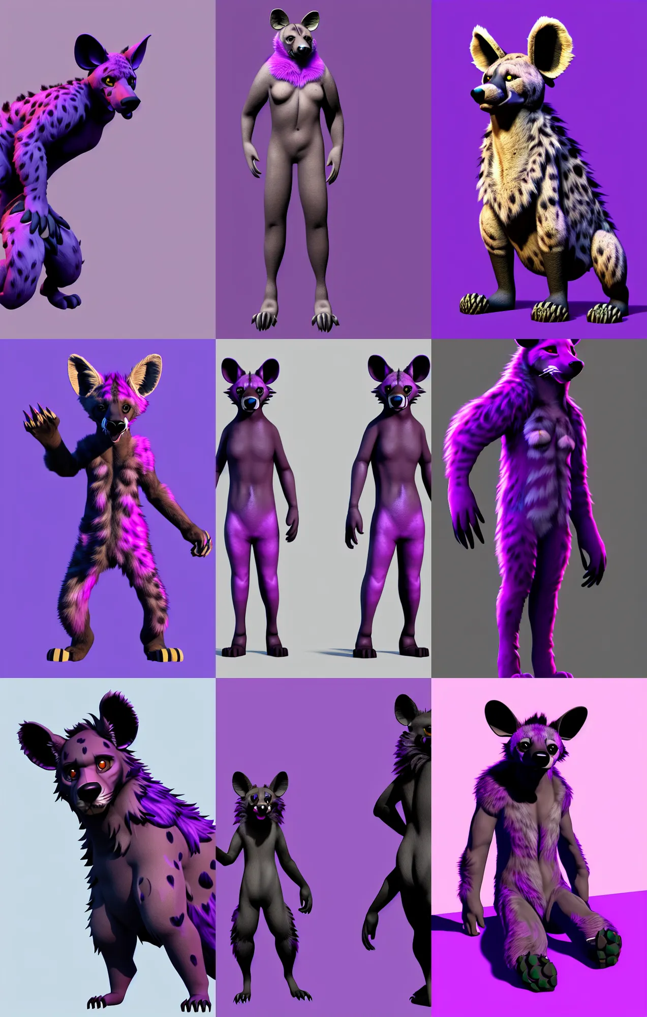 Prompt: a full - body centered front - perspective furry male fursona portrait, a male hyena fursona, purple and black fur color scheme, trending on weasyl, painted in zbrush, high - resolution, ray tracing, photorealistic