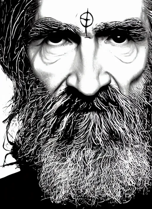 Image similar to close up high contrast portrait with 8 5 mm lens depicting charles manson as a muppet, by alex grey