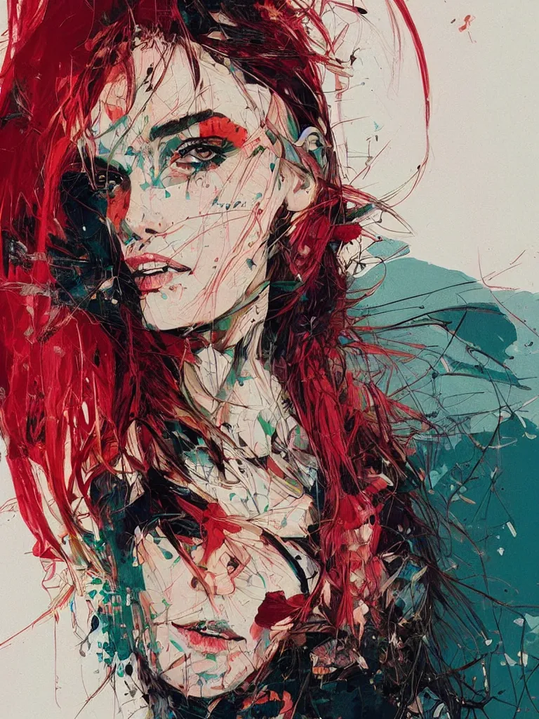 Image similar to close up portrait painting of a female dressed in nineties street styling, concept art, intricate details, highly detailed, aesthetically pleasing colors, art by conrad roset