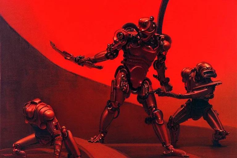 Image similar to only with red, a red cyborg samurai, tokio futuristic in background, some evil yokai fight, in the style of beksinski, parts by edward hopper, parts by rodcenko, parts by yue minjun, intricate and epic composition, red by caravaggio, insanely quality, highly detailed, masterpiece, red light, artstation, 4 k