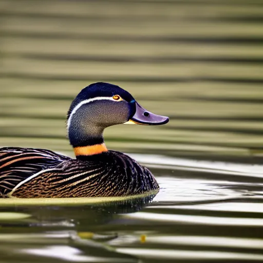 Prompt: a close up photograph of a mallard duck with tiger fur.