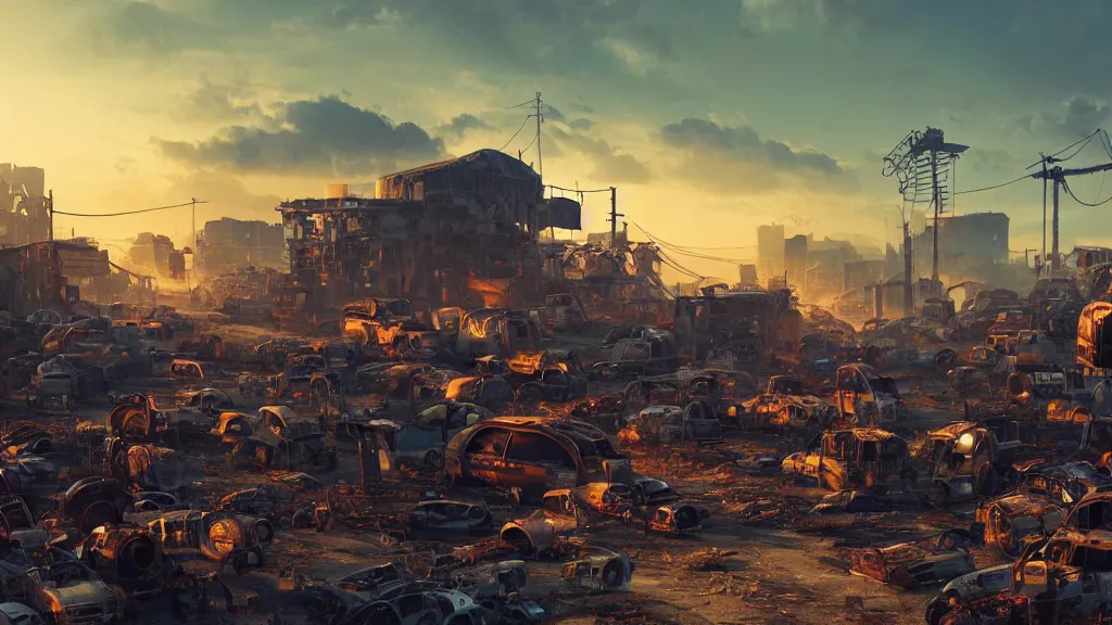 Prompt: a Photorealistic hyperrealistic render of a Robot Junkyard full of weathered and well worn down Robots by PIXAR,Greg Rutkowski,WLOP,Artgerm,dramatic moody sunset lighting,long shadows,Volumetric, cinematic atmosphere, Octane Render,Artstation,8k