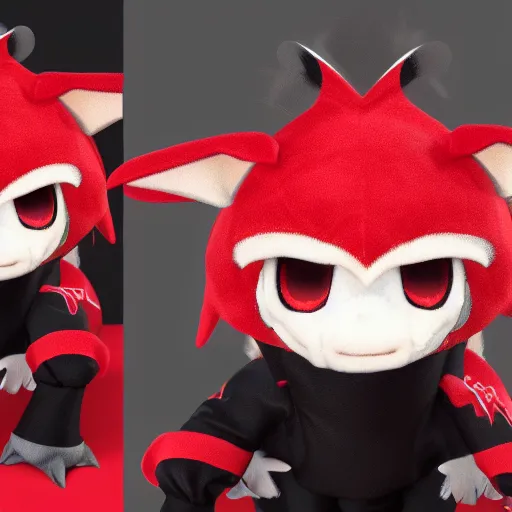 Prompt: a cute fumo plush dwagon imp in a traditional patterned black and red uniform, gothic, vray