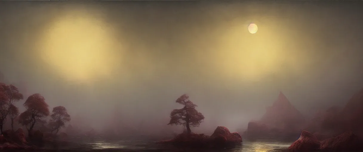 Image similar to dark fantasy oil painting, giant bonsais, big river, bloodmoon, floating mountains, volumetric light, misty, godrays, high details, 8 k, beksinski